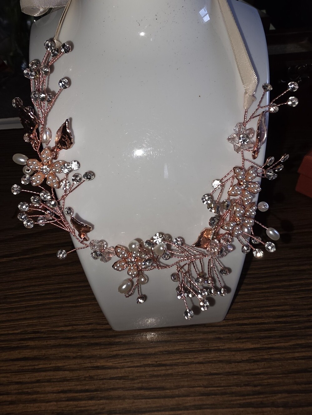 Rose Gold Floral Crystal & Pearl Bridal hair vine